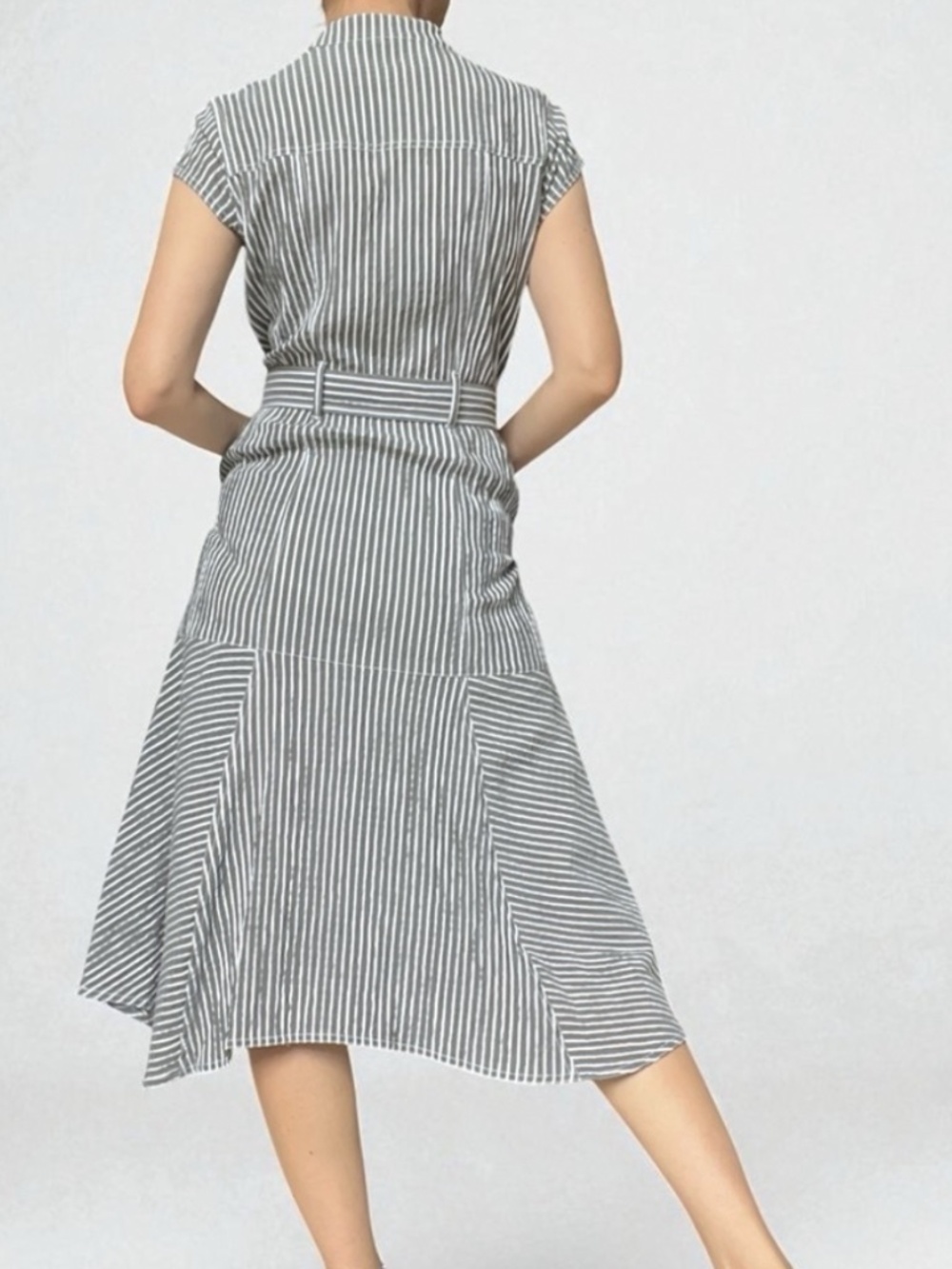 WHBM Midi Dress Striped Seersucker Railroad Stripe Cap Sleeve Belted Pockets - Picture 4 of 16